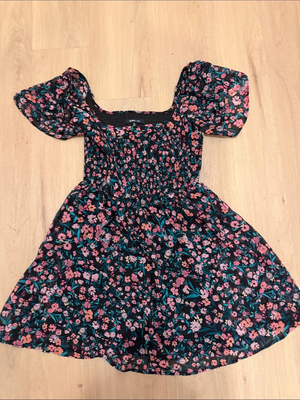 BCBG Paris Black Mini Dress with Pink & Teal Floral Print